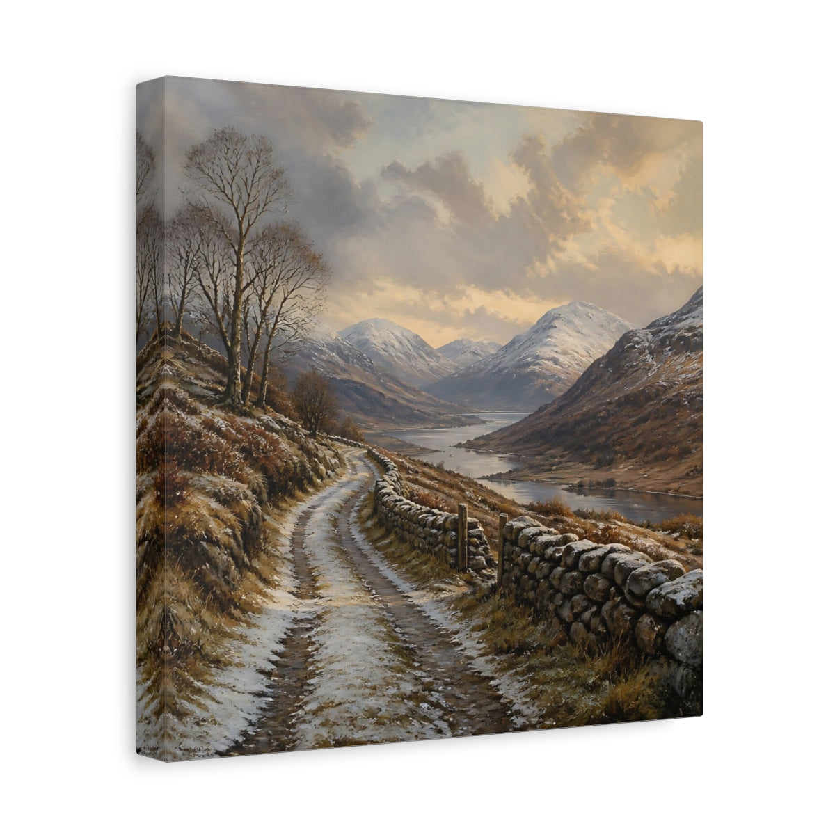 Side Mockup 8. Nature Mountain Valley Brown And White shown as stretched canvas wall art