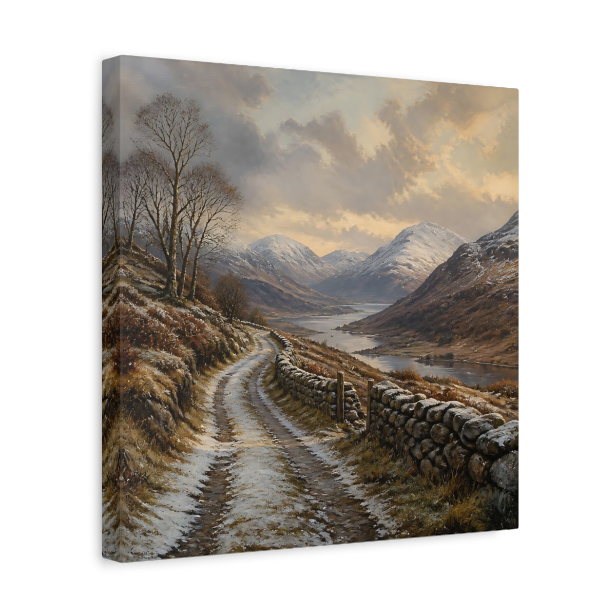 Side Mockup 7. Nature Mountain Valley Brown And White shown as stretched canvas wall art