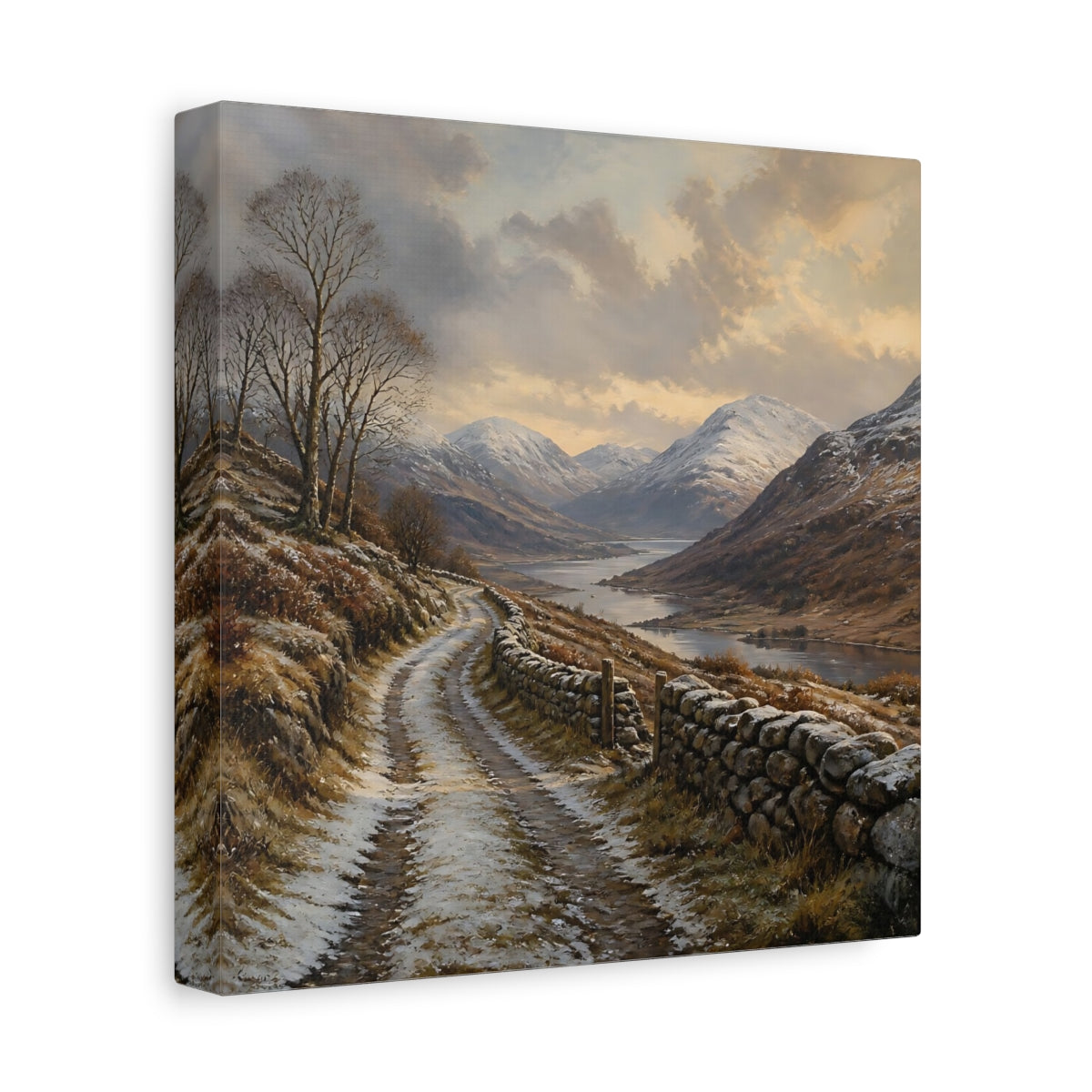 Side Mockup 9. Nature Mountain Valley Brown And White shown as stretched canvas wall art