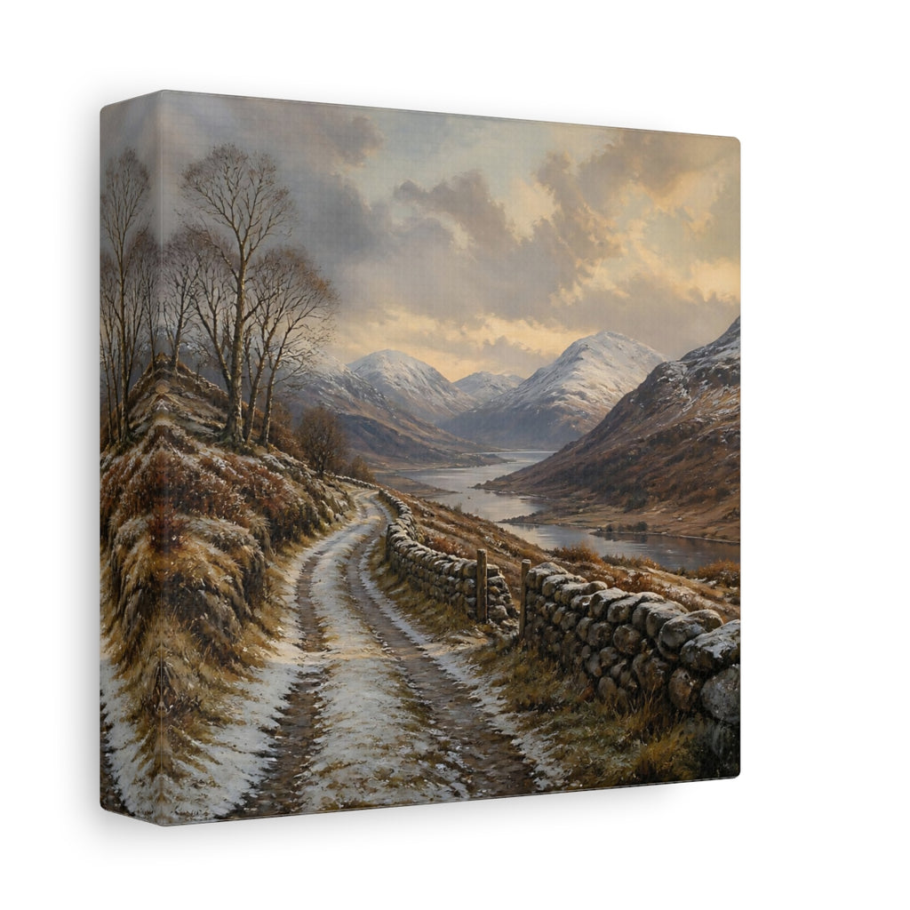 Side Mockup 2. Nature Mountain Valley Brown And White shown as stretched canvas wall art