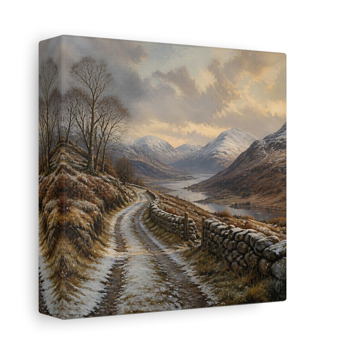 Side Mockup 2. Nature Mountain Valley Brown And White shown as stretched canvas wall art