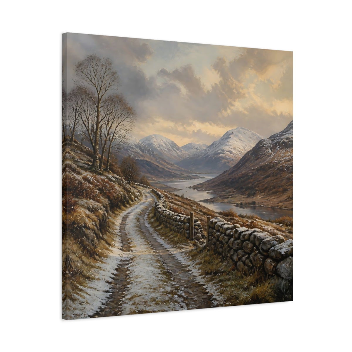 Side Mockup 3. Nature Mountain Valley Brown And White shown as stretched canvas wall art