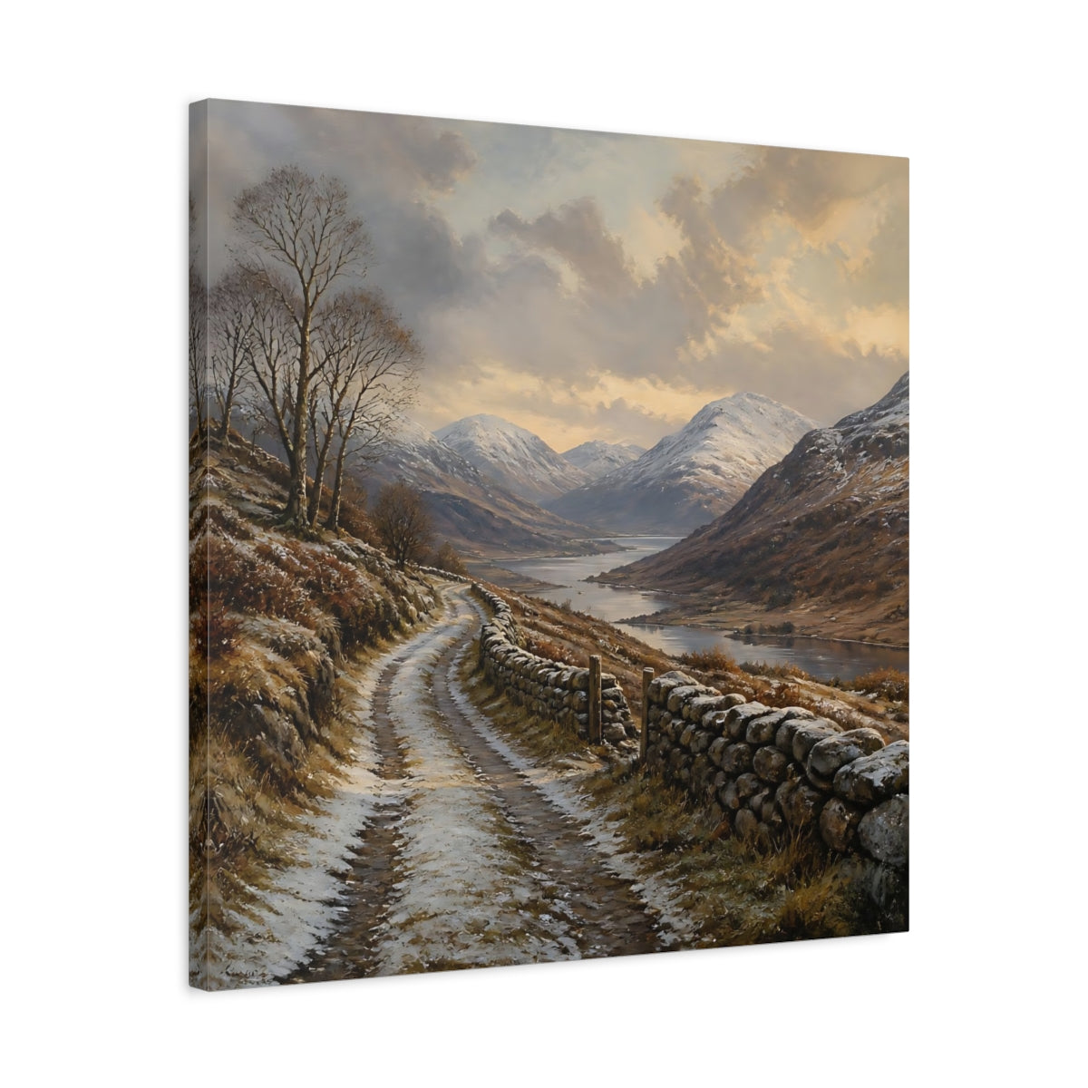Side Mockup 4. Nature Mountain Valley Brown And White shown as stretched canvas wall art