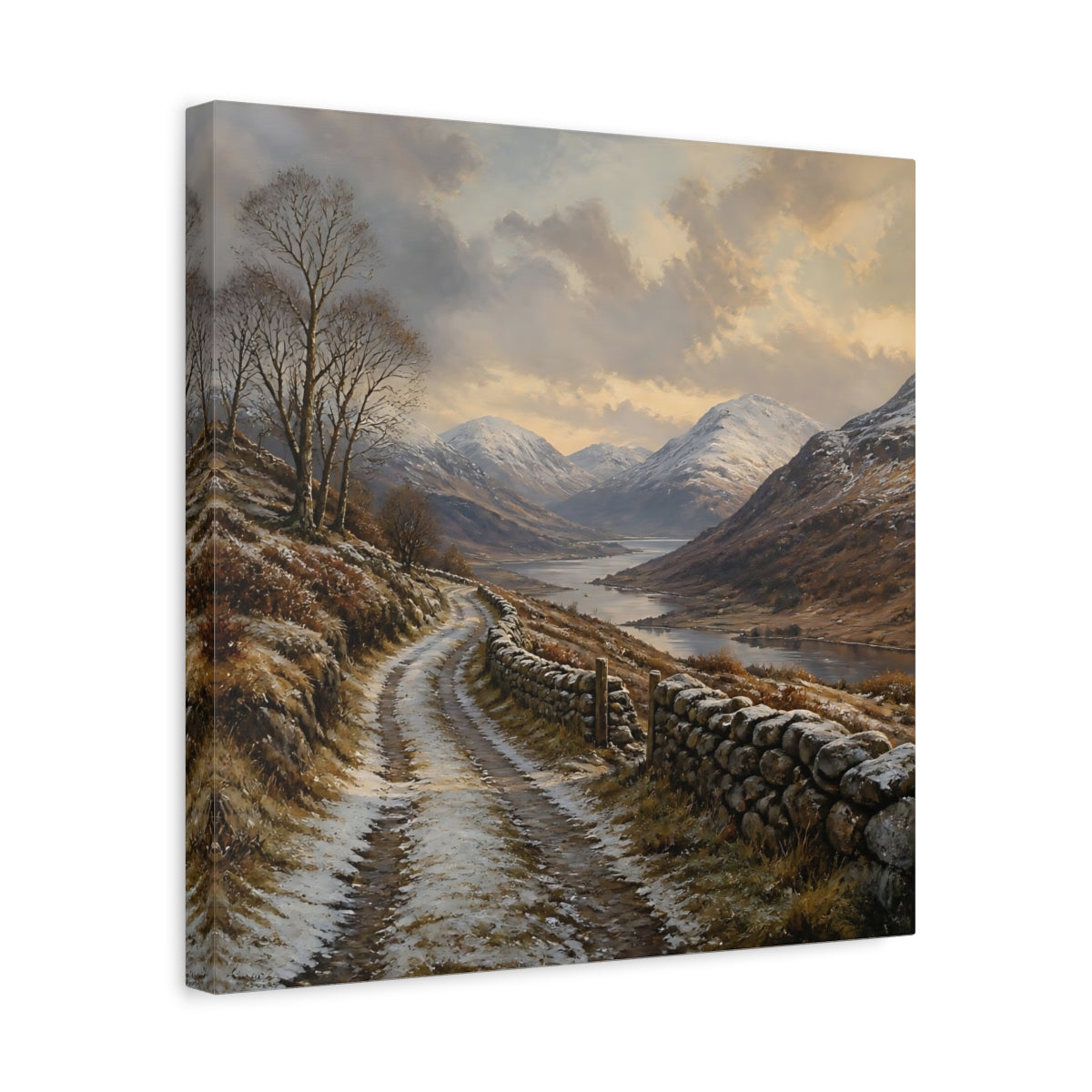 Side Mockup 6. Nature Mountain Valley Brown And White shown as stretched canvas wall art