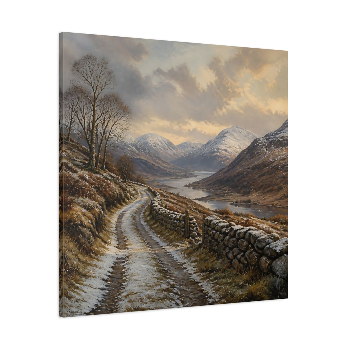 Side Mockup 1. Nature Mountain Valley Brown And White shown as stretched canvas wall art