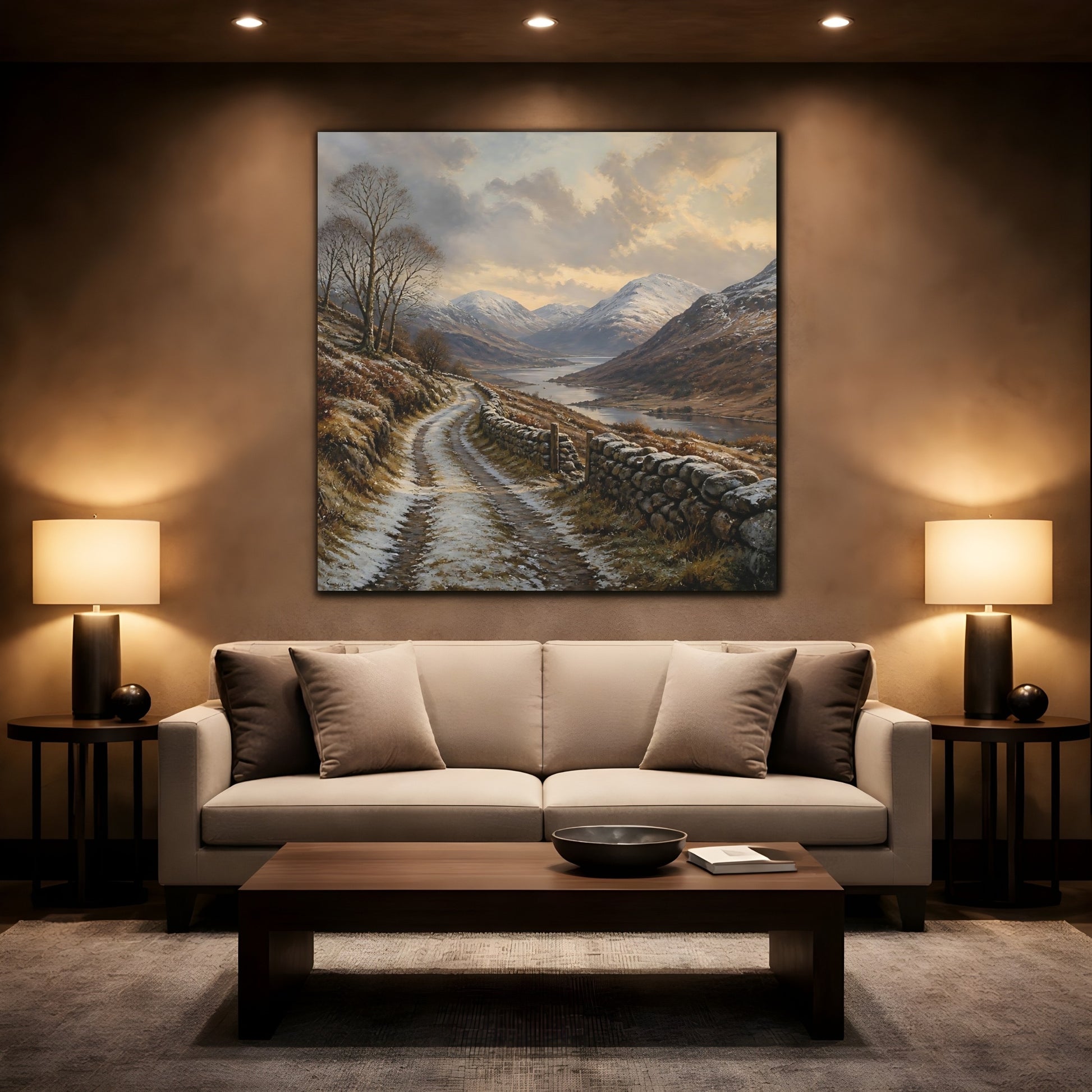 Mockup 2. Nature Mountain Valley Brown And White shown as stretched canvas wall art