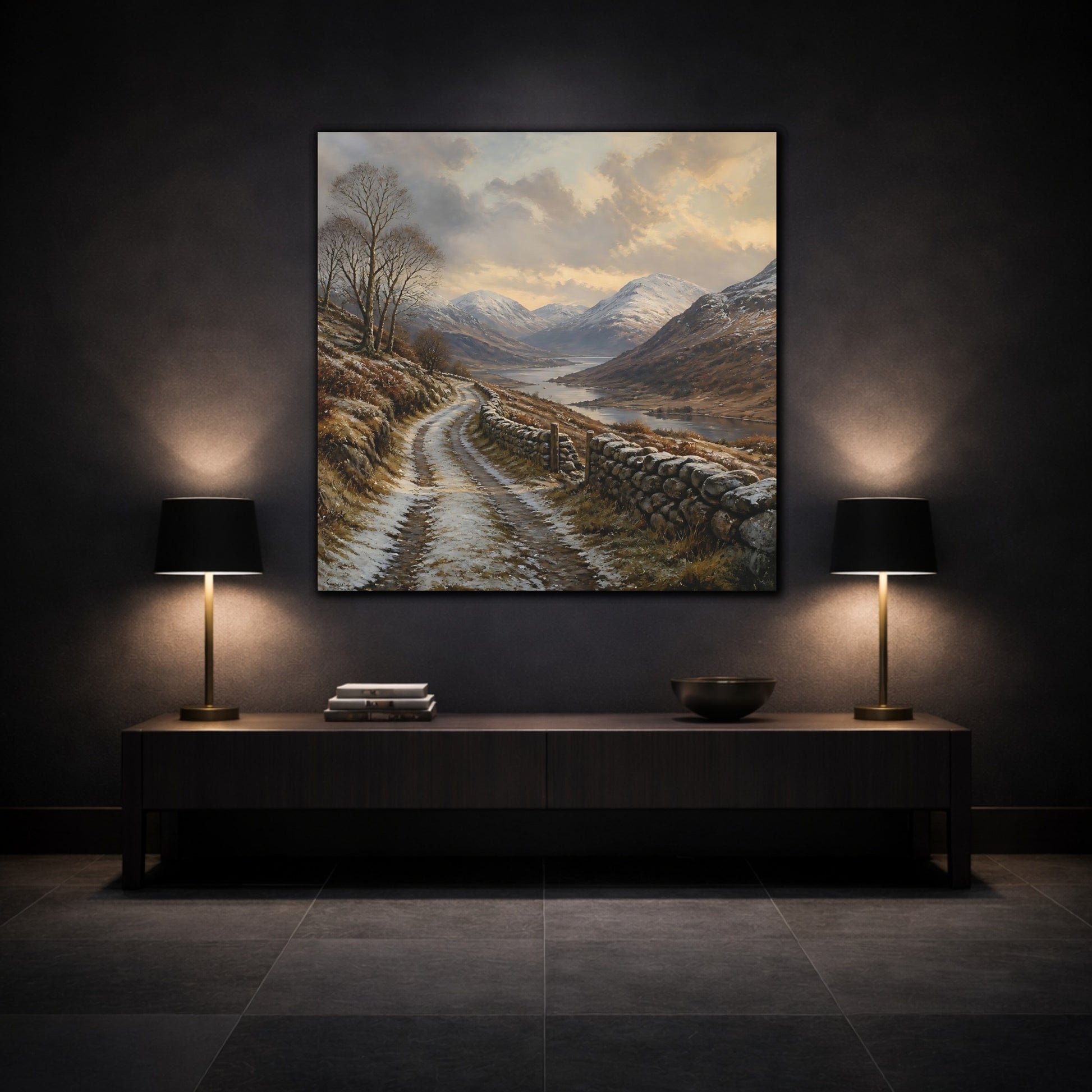 Mockup 3. Nature Mountain Valley Brown And White shown as stretched canvas wall art