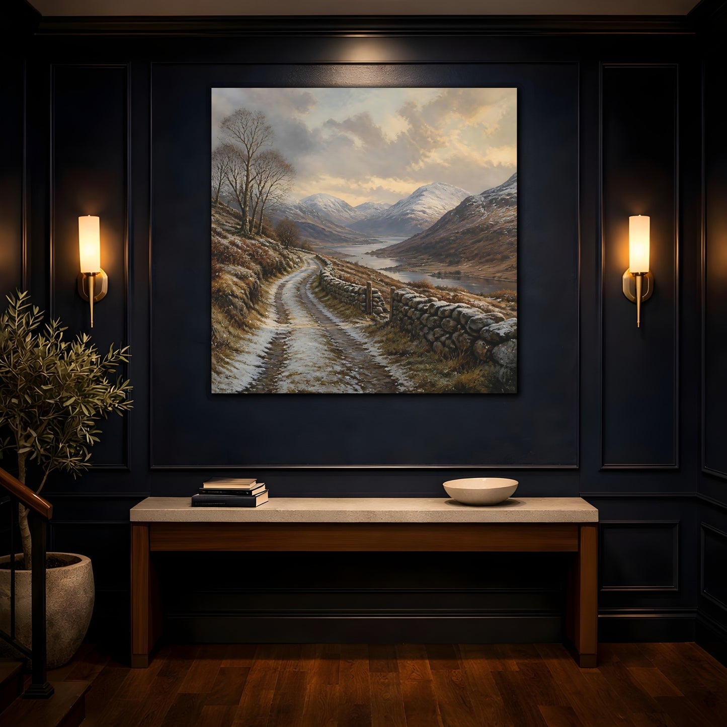 Mockup 4. Nature Mountain Valley Brown And White shown as stretched canvas wall art
