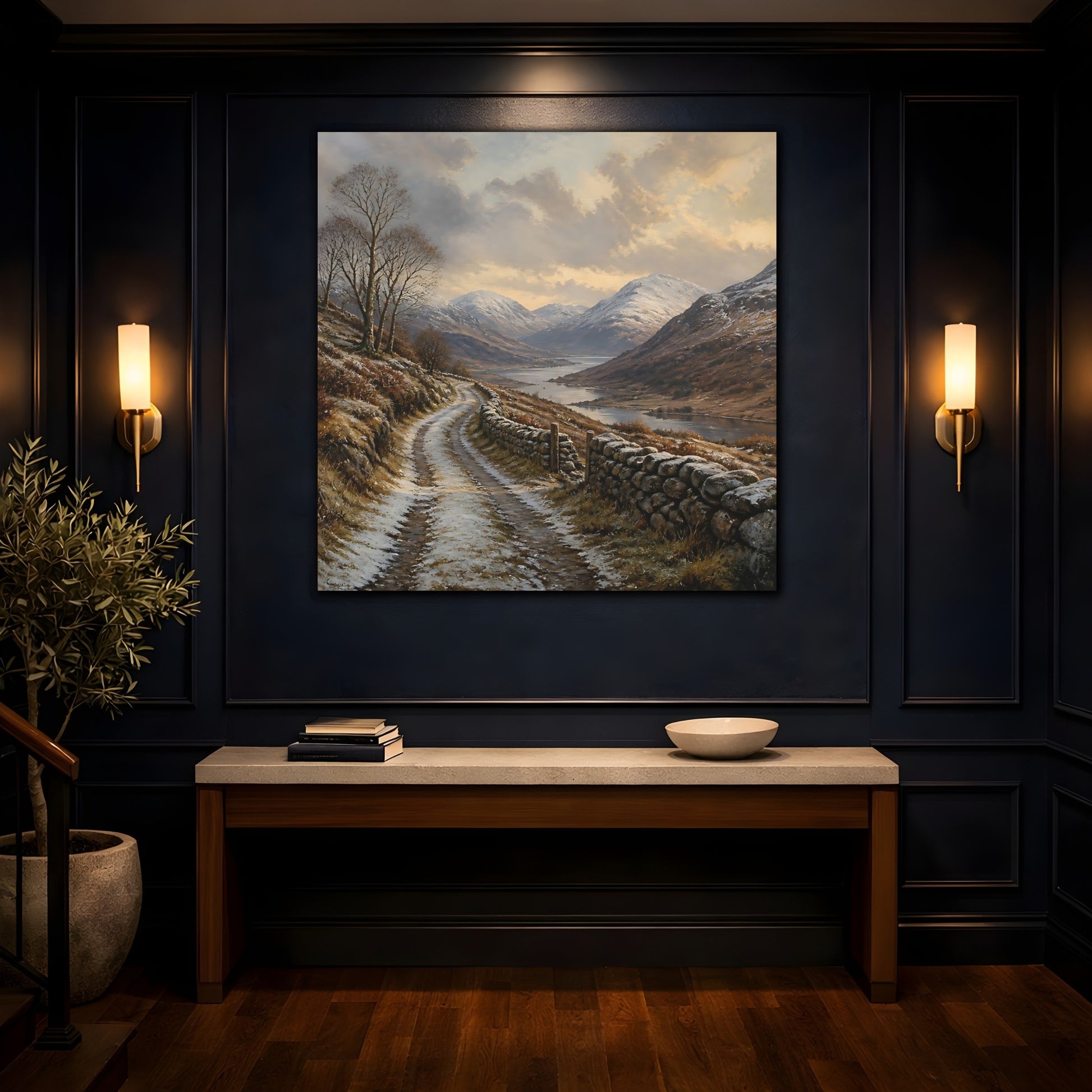 Mockup 4. Nature Mountain Valley Brown And White shown as stretched canvas wall art