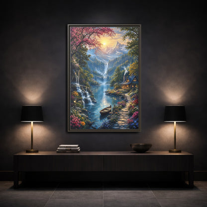Mockup 3. Nature Mountain Valley Colorful Mountain Valley shown as stretched canvas wall art