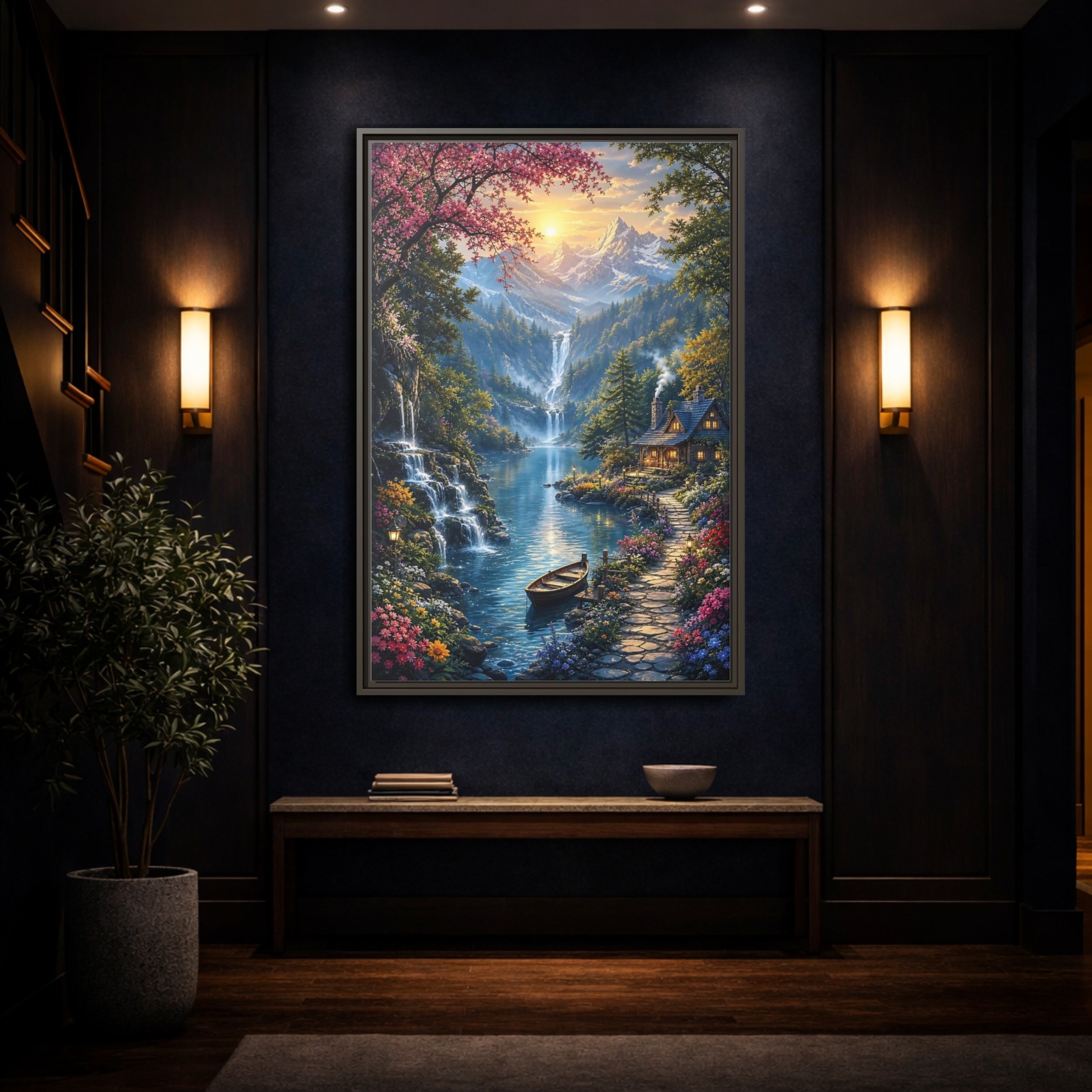 Mockup 4. Nature Mountain Valley Colorful Mountain Valley shown as stretched canvas wall art