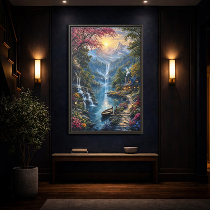 Mockup 4. Nature Mountain Valley Colorful Mountain Valley shown as stretched canvas wall art