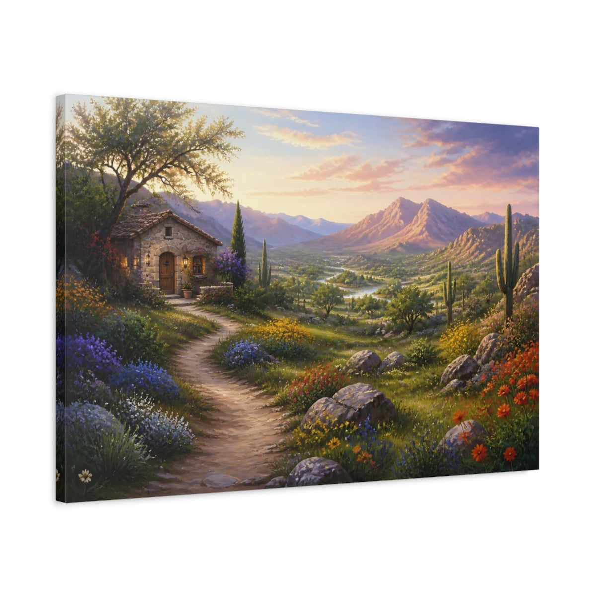 Side Mockup 2. Nature Mountain Valley Desert Valley Sunset shown as stretched canvas wall art