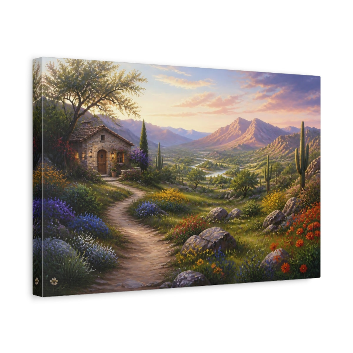 Side Mockup 4. Nature Mountain Valley Desert Valley Sunset shown as stretched canvas wall art
