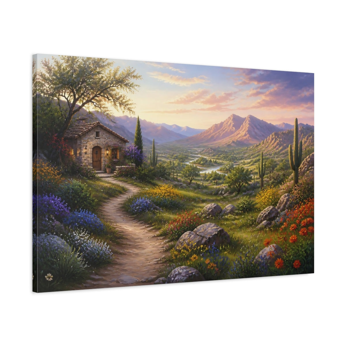 Main Mockup. Nature Mountain Valley Desert Valley Sunset shown as stretched canvas wall art