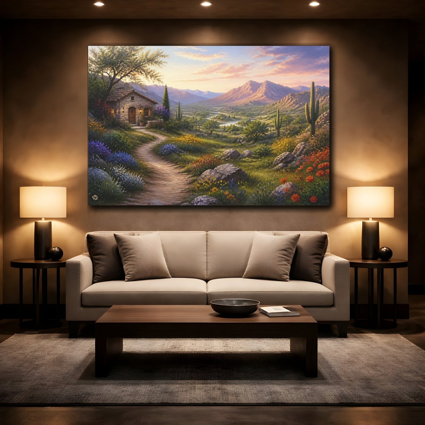 Mockup 2. Nature Mountain Valley Desert Valley Sunset shown as stretched canvas wall art