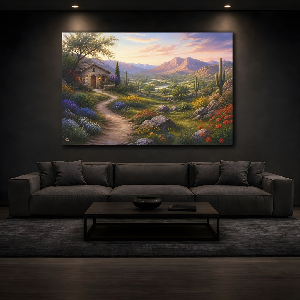 Mockup 3. Nature Mountain Valley Desert Valley Sunset shown as stretched canvas wall art