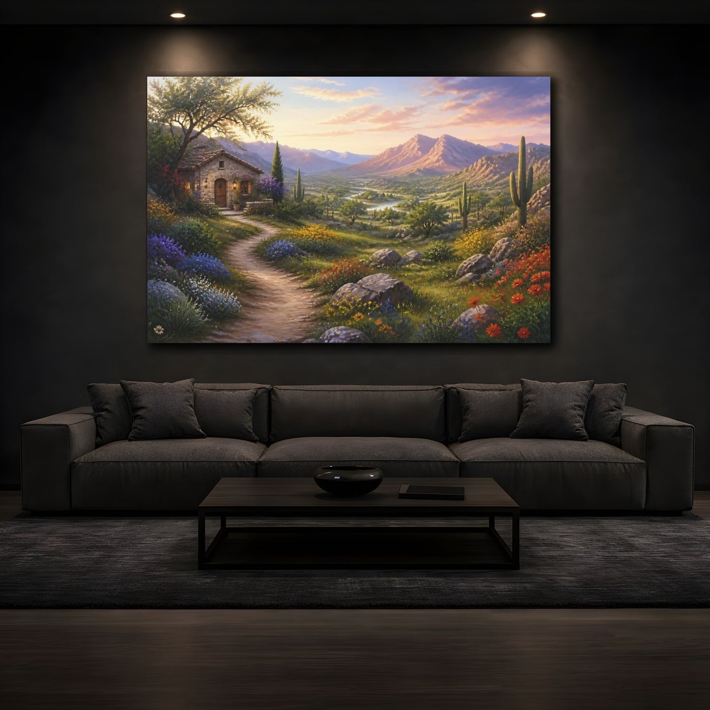 Mockup 3. Nature Mountain Valley Desert Valley Sunset shown as stretched canvas wall art
