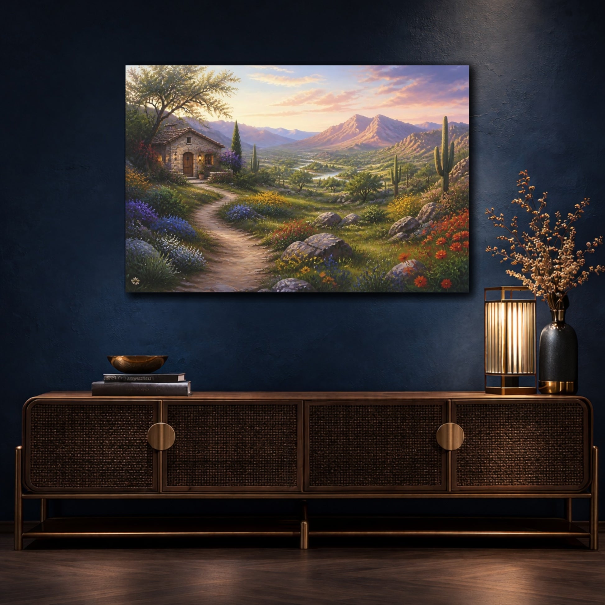 Mockup 4. Nature Mountain Valley Desert Valley Sunset shown as stretched canvas wall art