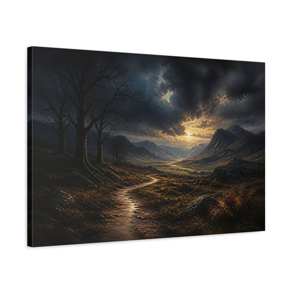 Side Mockup 2. Nature Mountain Valley Dramatic Mountain Valley shown as stretched canvas wall art