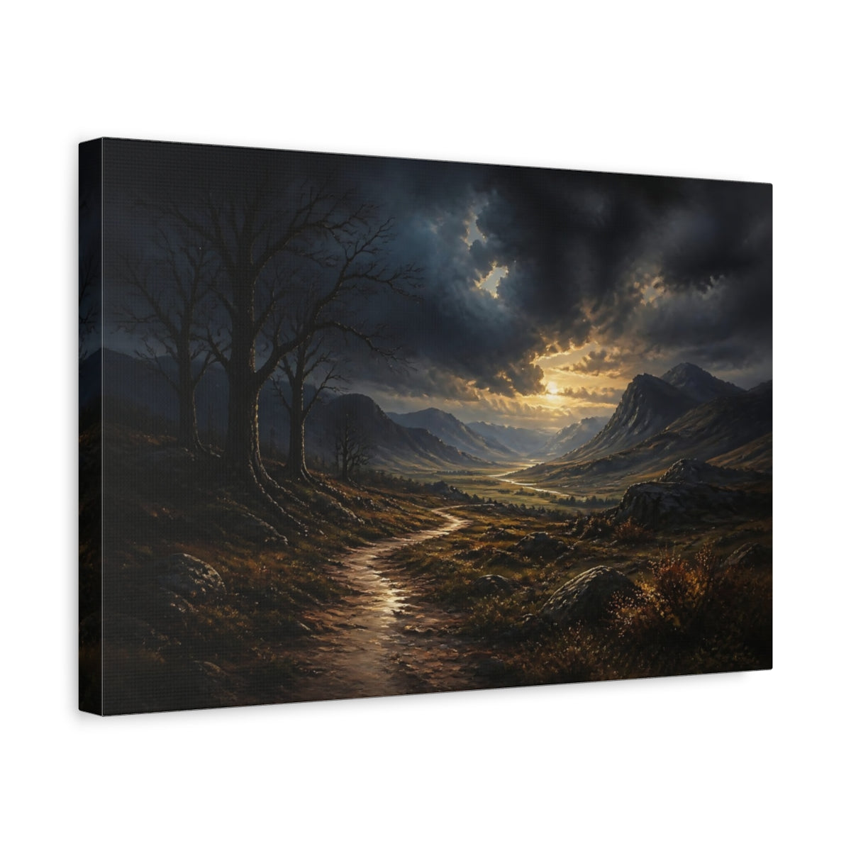 Side Mockup 4. Nature Mountain Valley Dramatic Mountain Valley shown as stretched canvas wall art