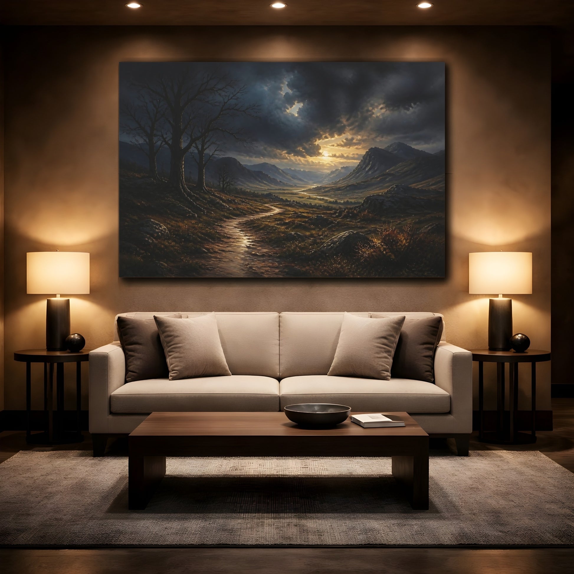 Mockup 2. Nature Mountain Valley Dramatic Mountain Valley shown as stretched canvas wall art
