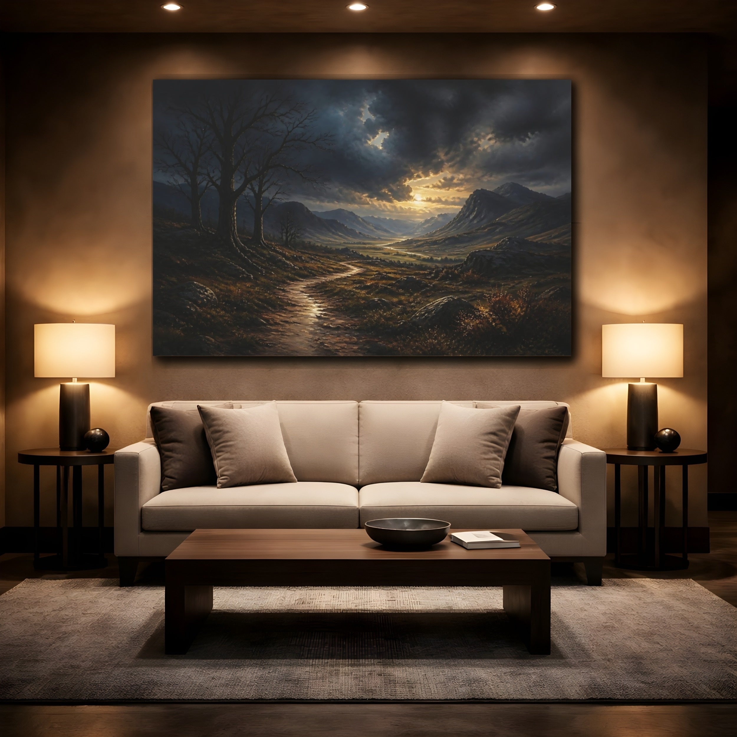 Mockup 2. Nature Mountain Valley Dramatic Mountain Valley shown as stretched canvas wall art