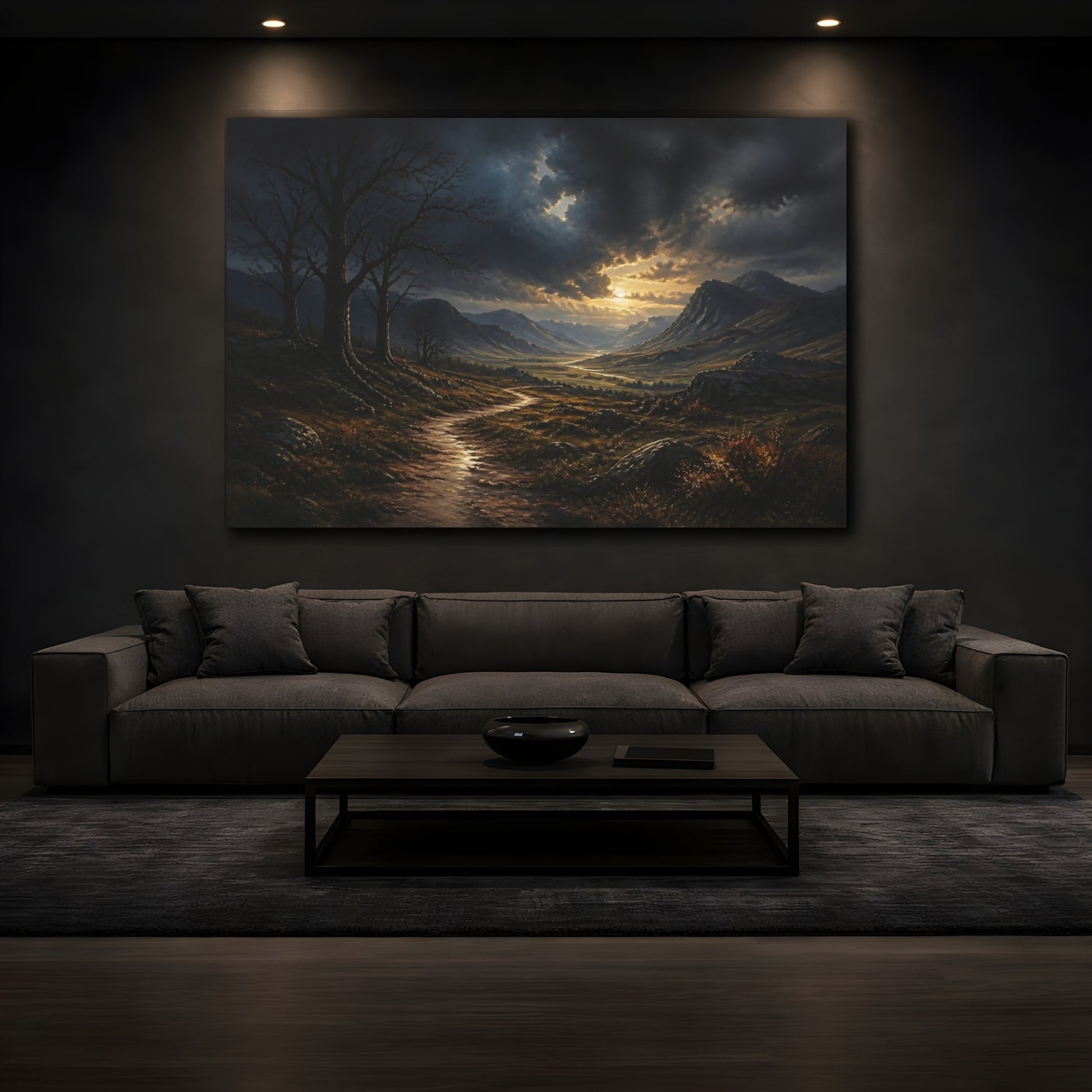 Mockup 3. Nature Mountain Valley Dramatic Mountain Valley shown as stretched canvas wall art