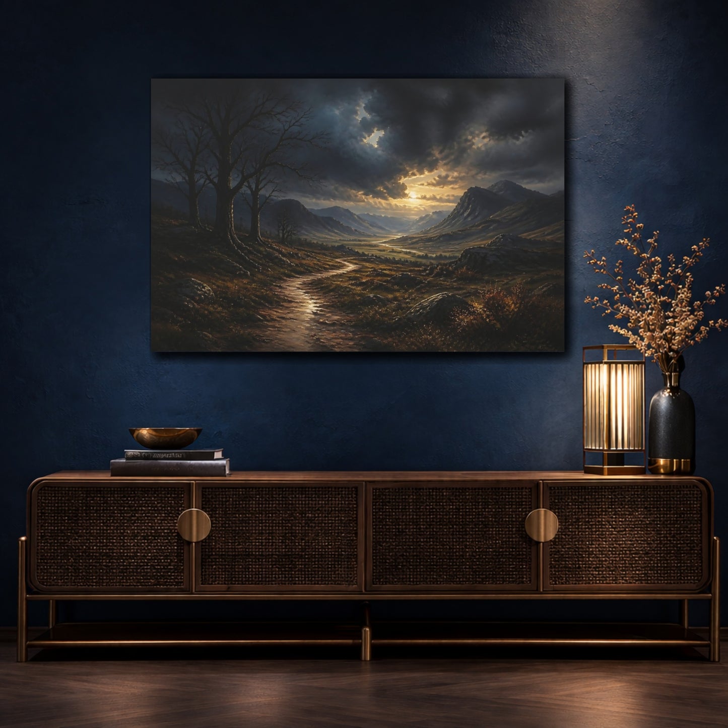 Mockup 4. Nature Mountain Valley Dramatic Mountain Valley shown as stretched canvas wall art