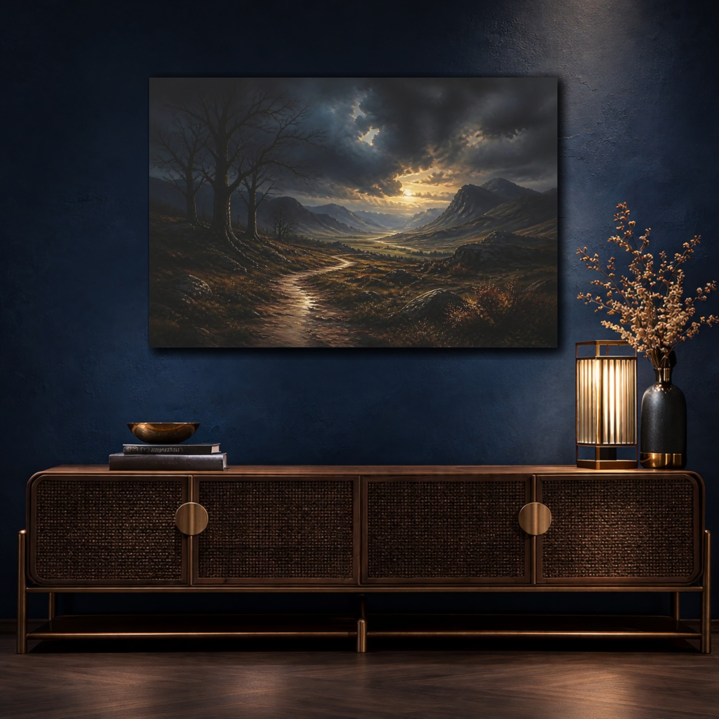 Mockup 4. Nature Mountain Valley Dramatic Mountain Valley shown as stretched canvas wall art