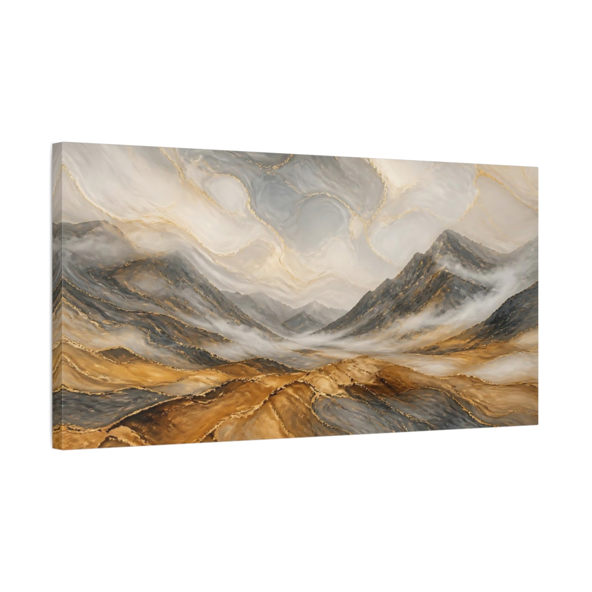Side Mockup 1. Nature Mountain Valley Gold Gray Mountains shown as stretched canvas wall art