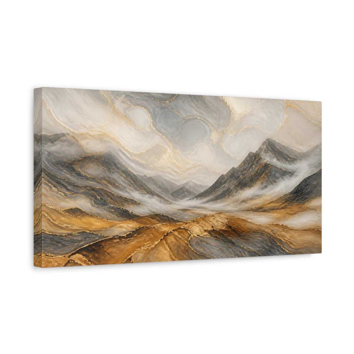 Side Mockup 3. Nature Mountain Valley Gold Gray Mountains shown as stretched canvas wall art