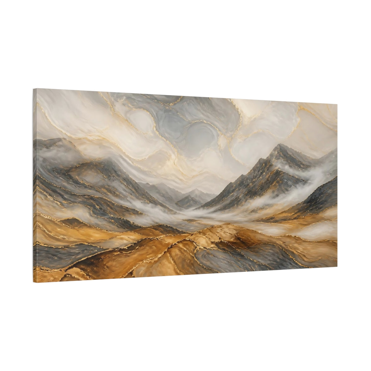 Side Mockup 2. Nature Mountain Valley Gold Gray Mountains shown as stretched canvas wall art