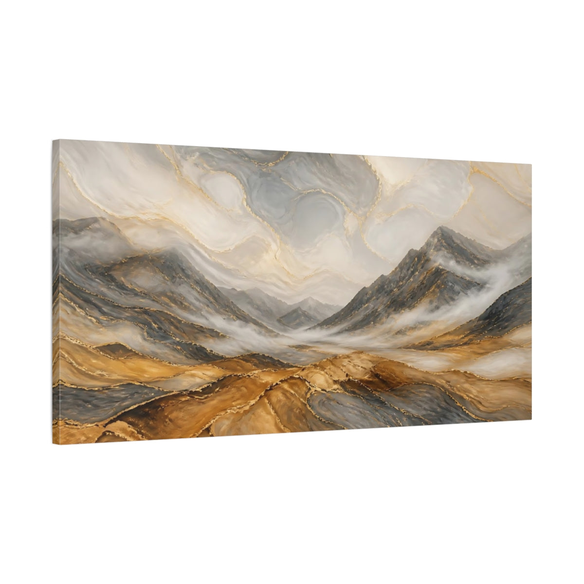 Main Mockup. Nature Mountain Valley Gold Gray Mountains shown as stretched canvas wall art