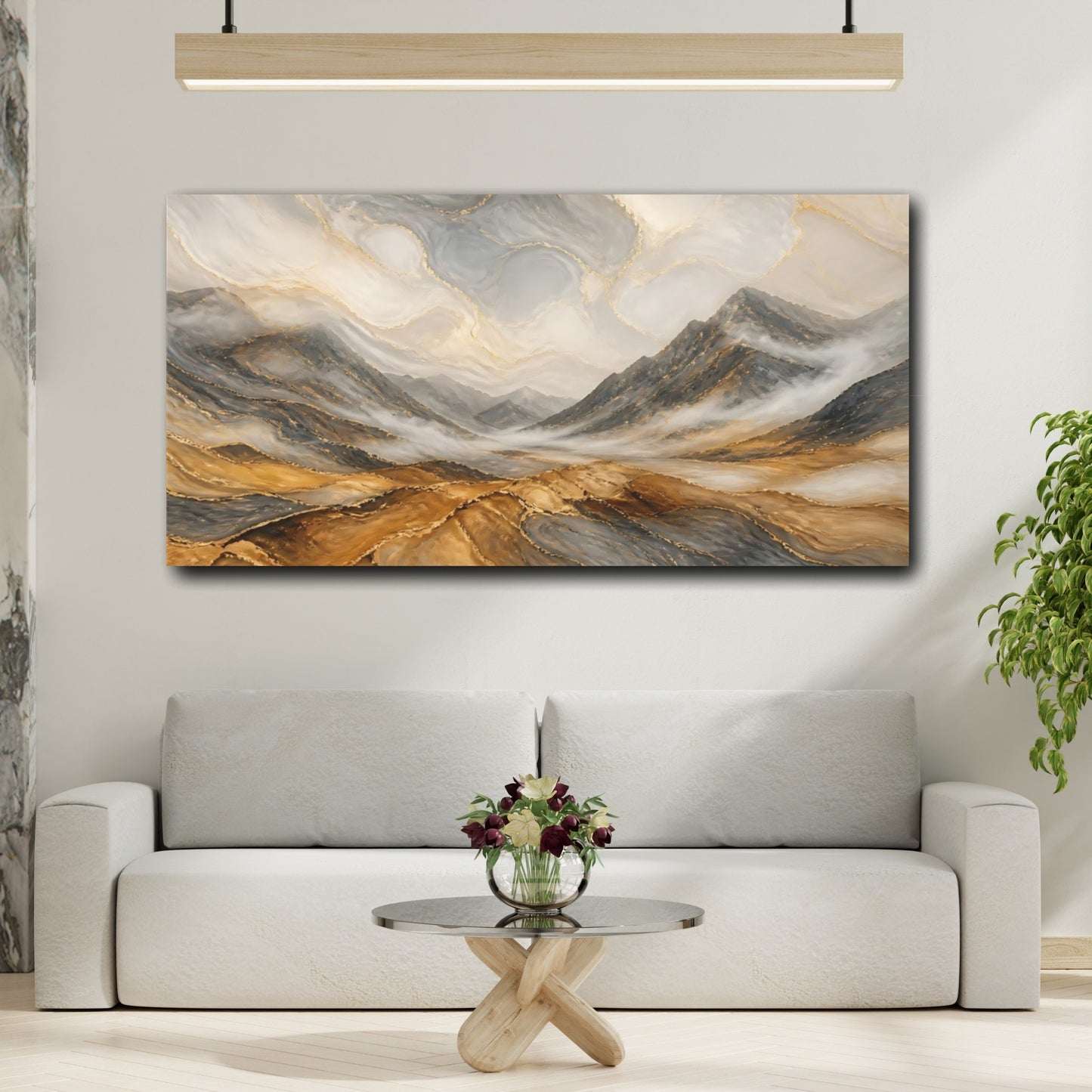 Mockup 2. Nature Mountain Valley Gold Gray Mountains shown as stretched canvas wall art