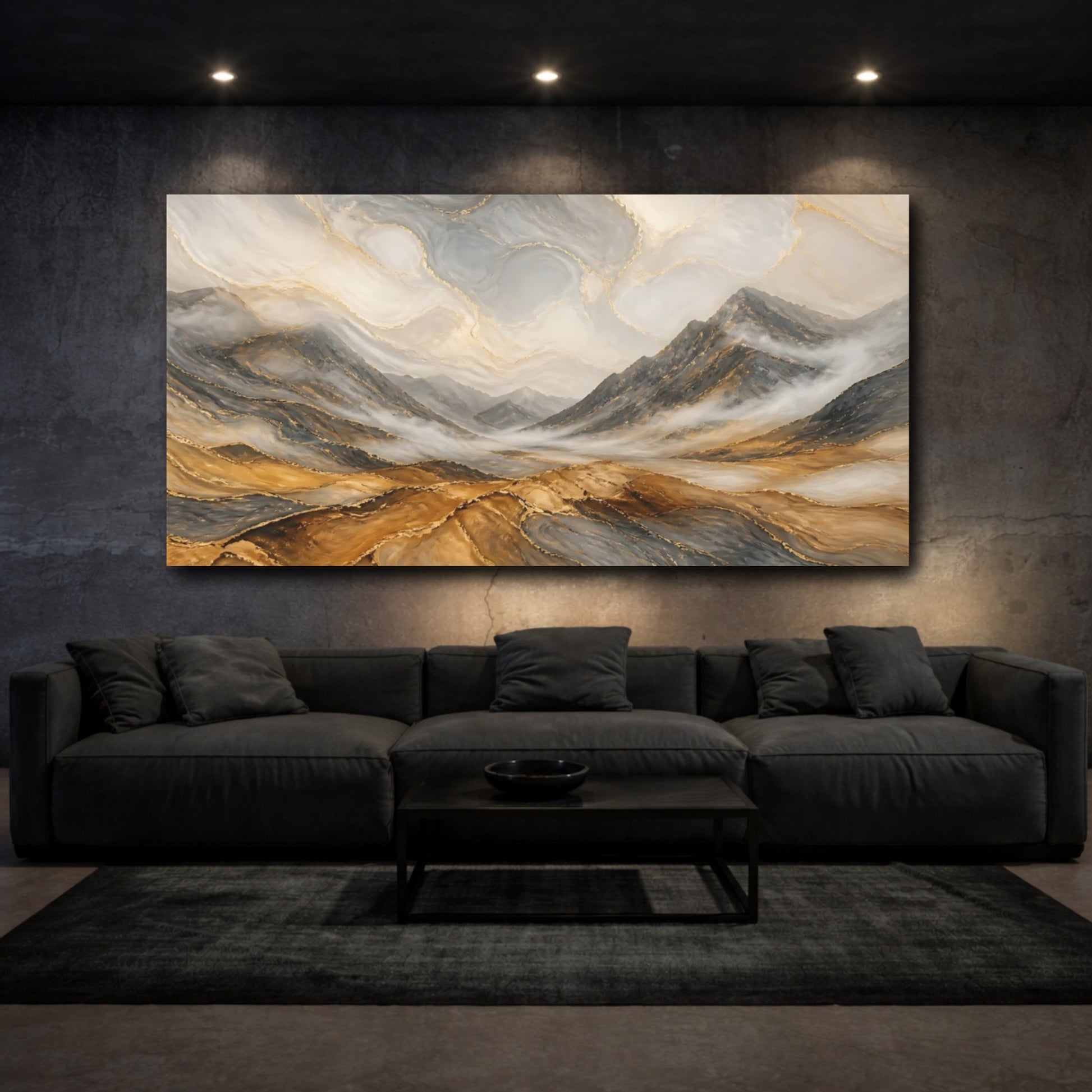 Mockup 3. Nature Mountain Valley Gold Gray Mountains shown as stretched canvas wall art