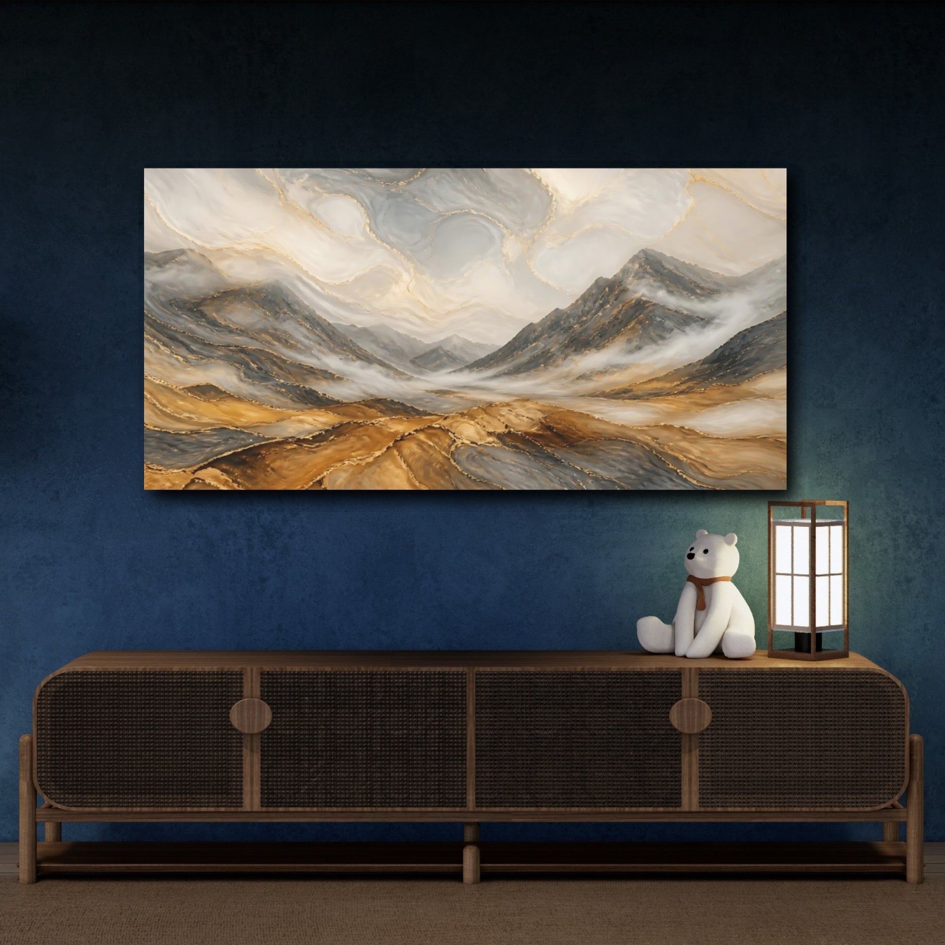 Mockup 4. Nature Mountain Valley Gold Gray Mountains shown as stretched canvas wall art