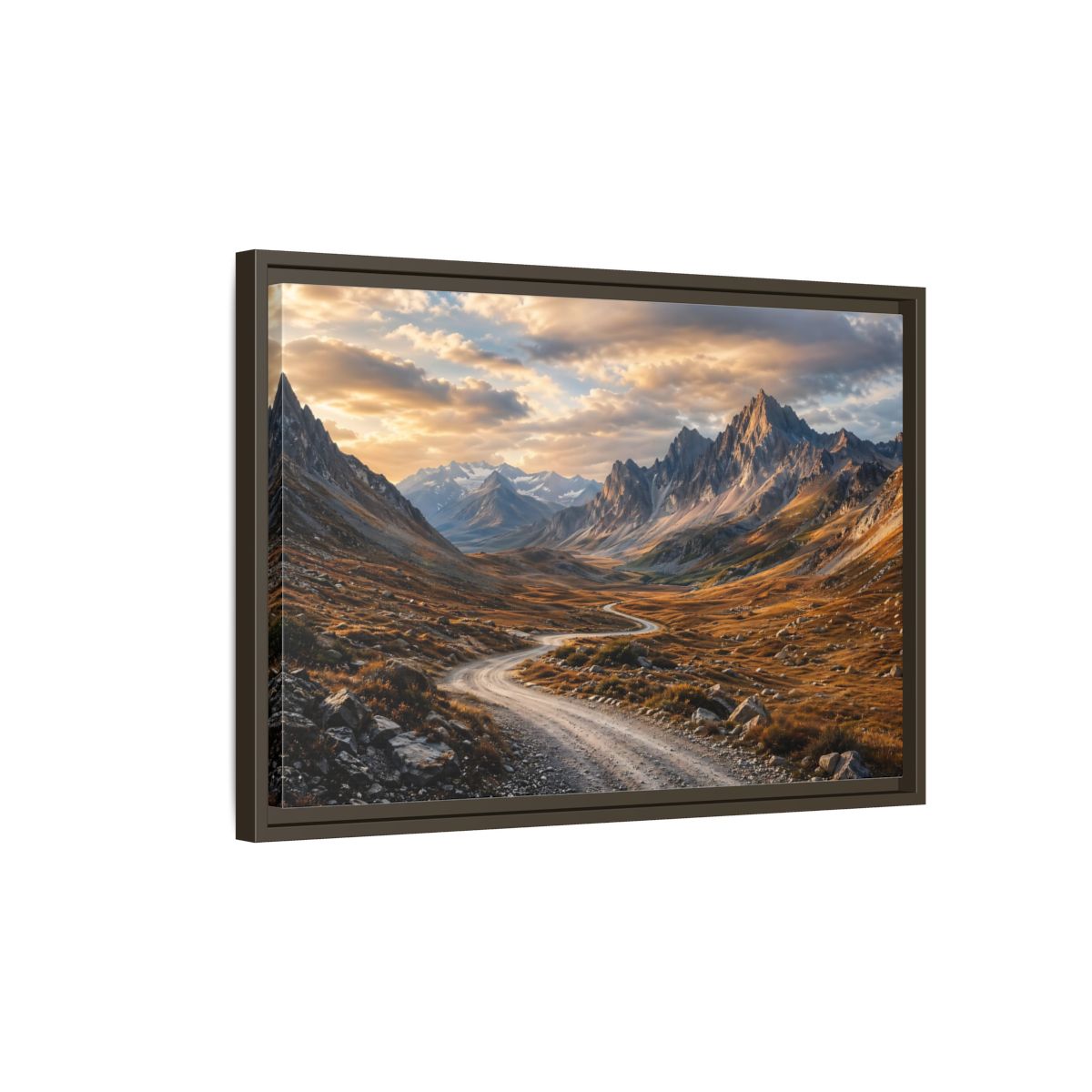 Side Mockup 2. Nature Mountain Valley Golden Mountains shown as stretched canvas wall art
