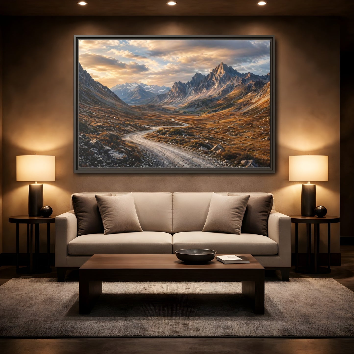 Mockup 2. Nature Mountain Valley Golden Mountains shown as stretched canvas wall art