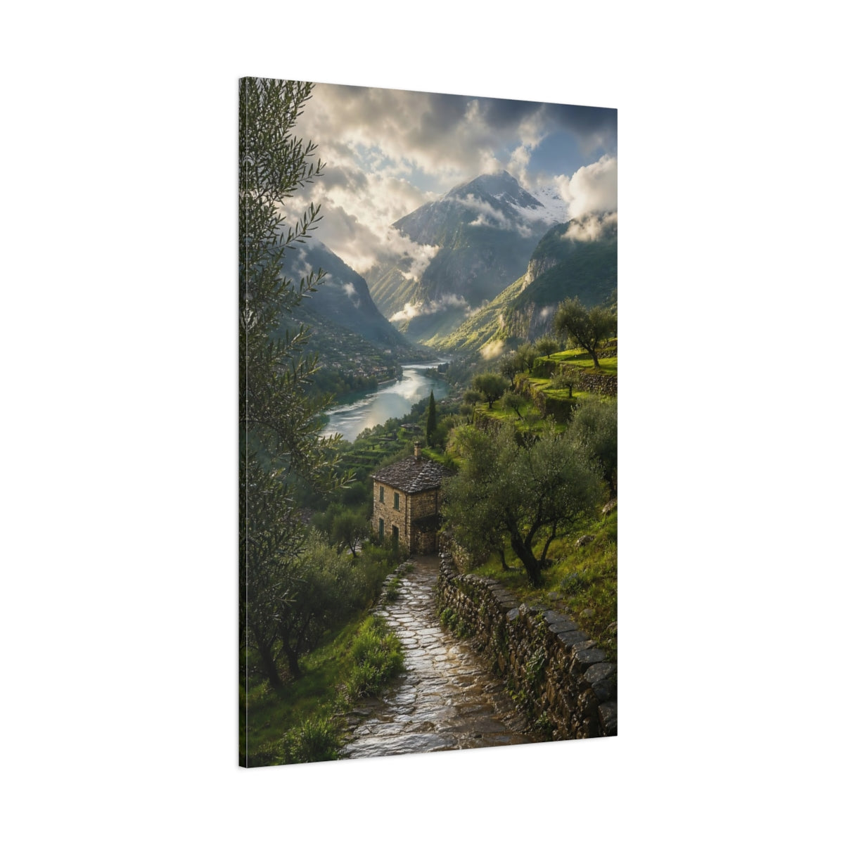 Side Mockup 1. Nature Mountain Valley Green Mountain Valley shown as stretched canvas wall art