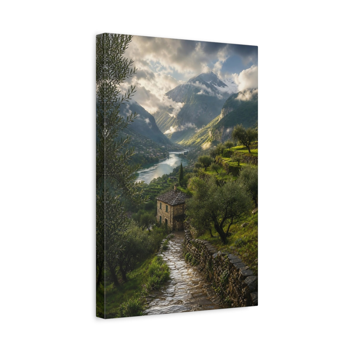 Side Mockup 4. Nature Mountain Valley Green Mountain Valley shown as stretched canvas wall art