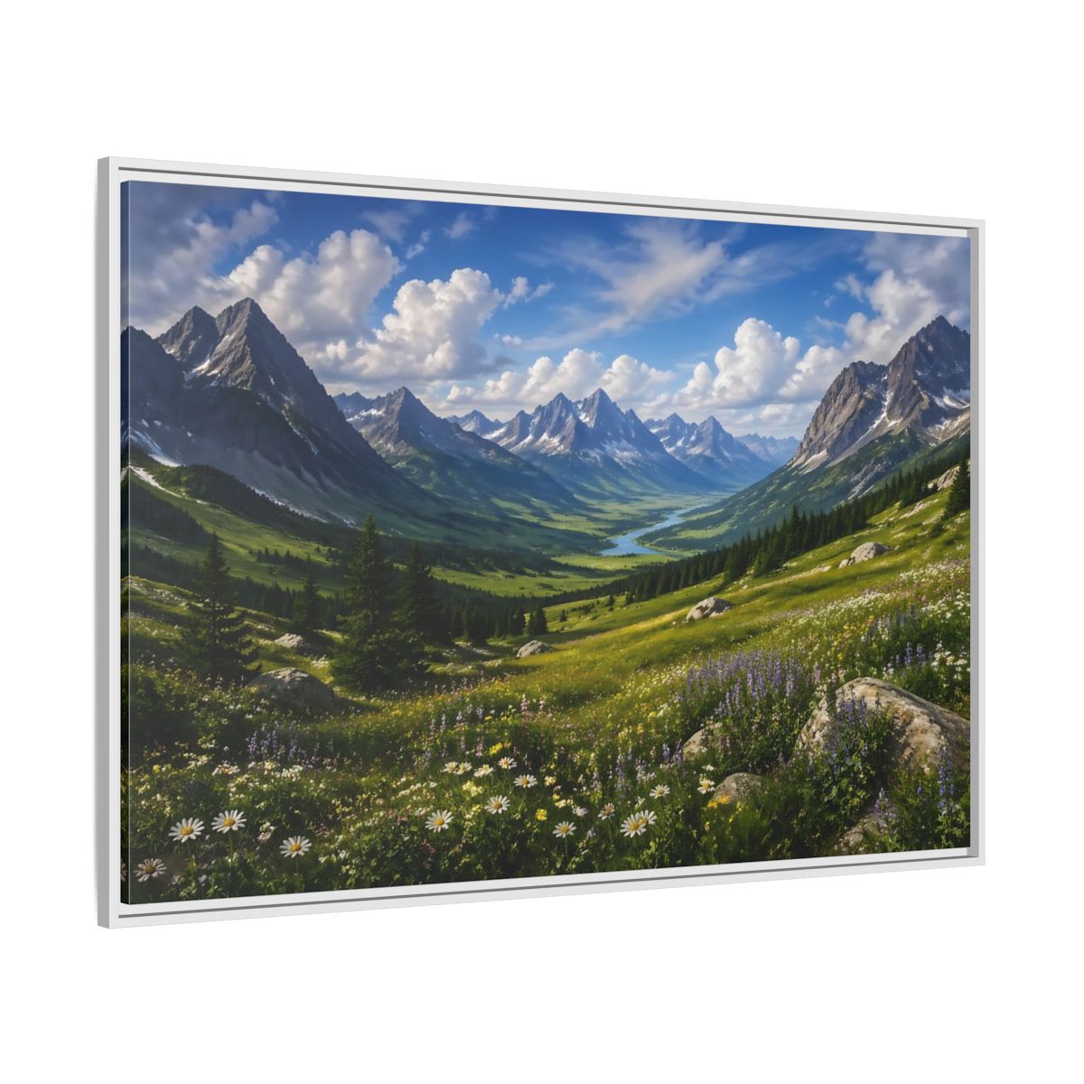 Side Mockup 7. Nature Mountain Valley Green Mountain Valley shown as stretched canvas wall art