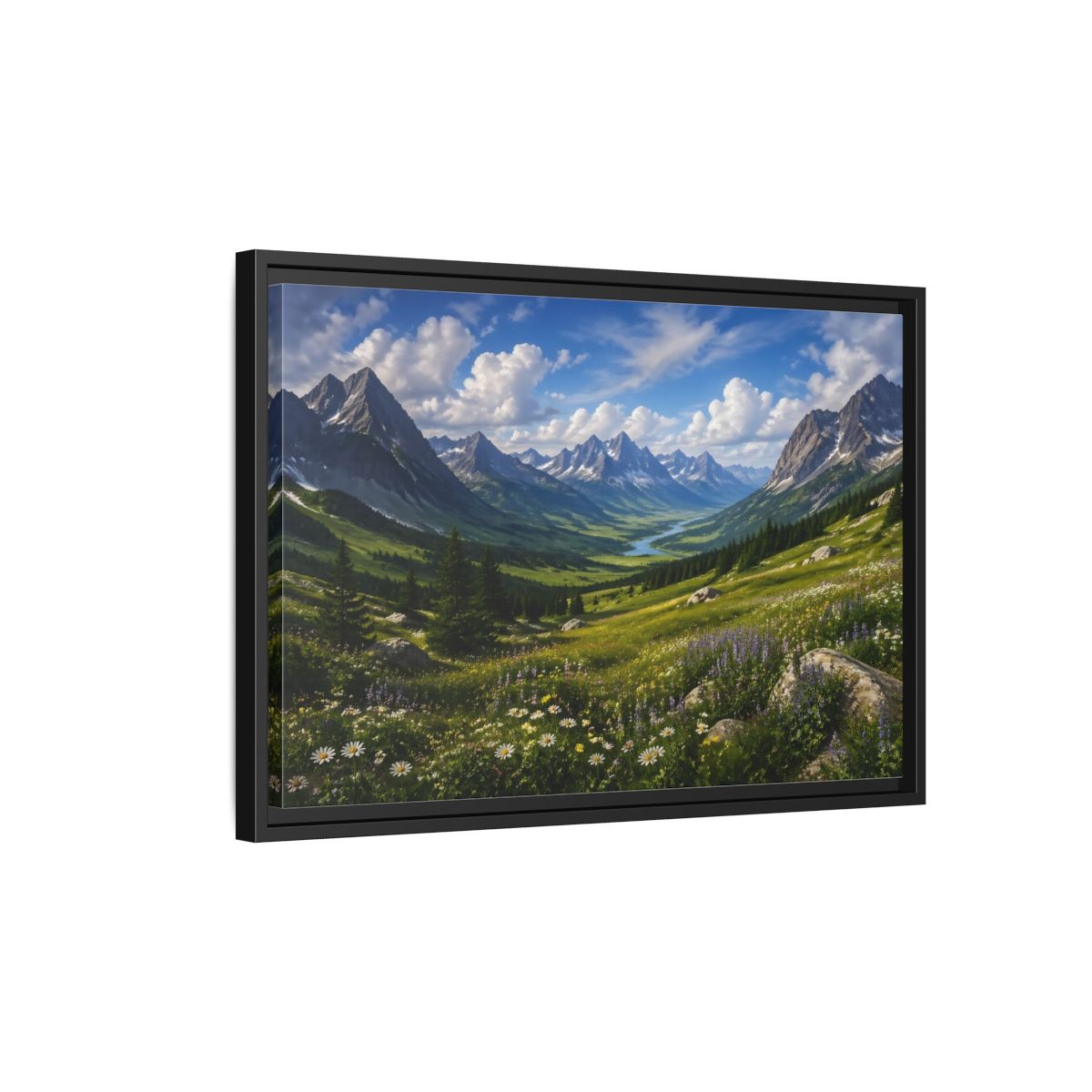 Side Mockup 3. Nature Mountain Valley Green Mountain Valley shown as stretched canvas wall art