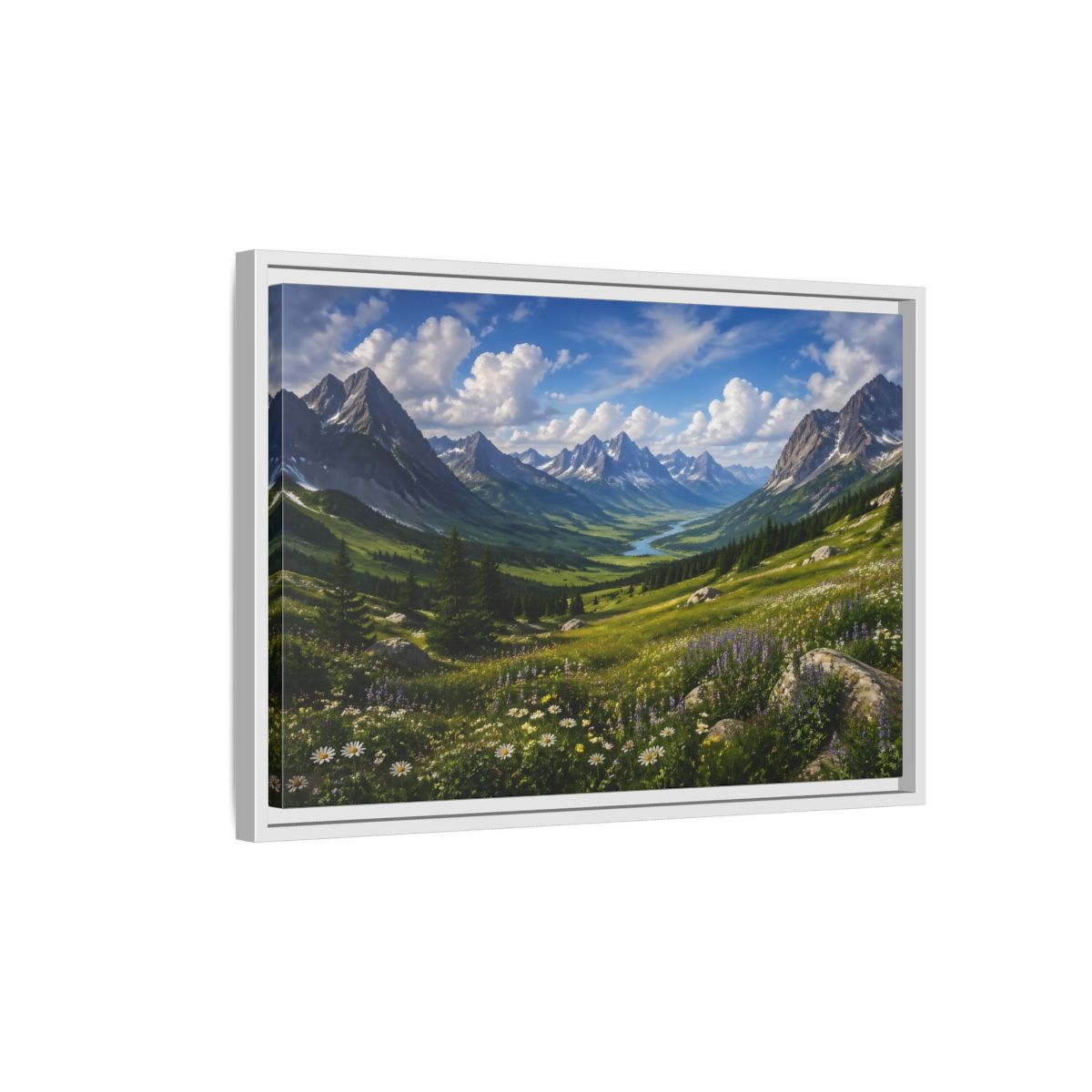 Side Mockup 1. Nature Mountain Valley Green Mountain Valley shown as stretched canvas wall art