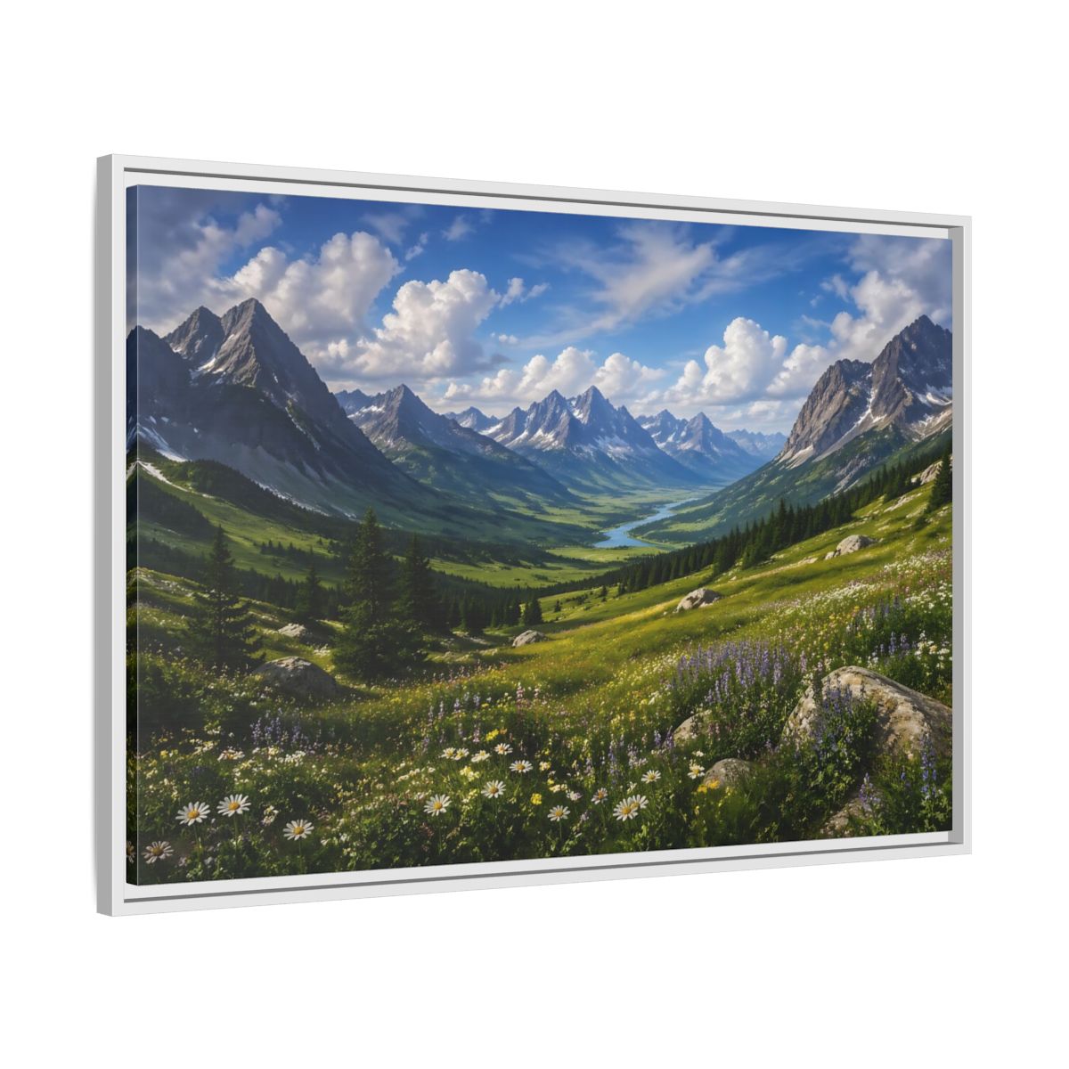 Side Mockup 9. Nature Mountain Valley Green Mountain Valley shown as stretched canvas wall art