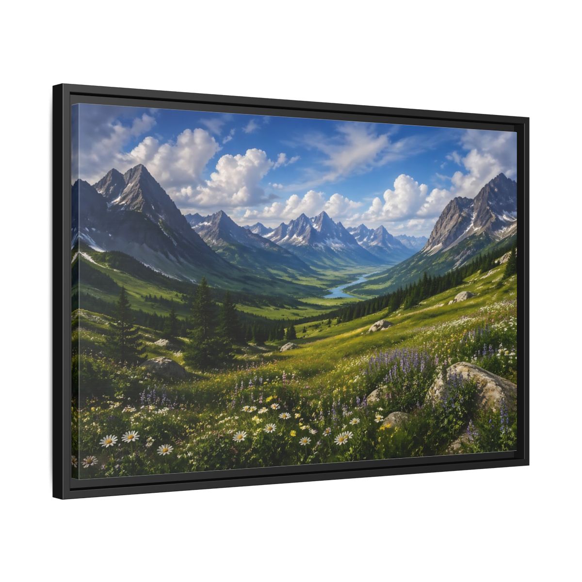 Side Mockup 14. Nature Mountain Valley Green Mountain Valley shown as stretched canvas wall art