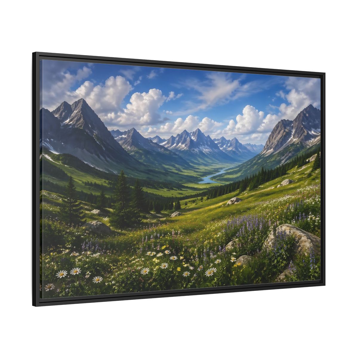Side Mockup 12. Nature Mountain Valley Green Mountain Valley shown as stretched canvas wall art