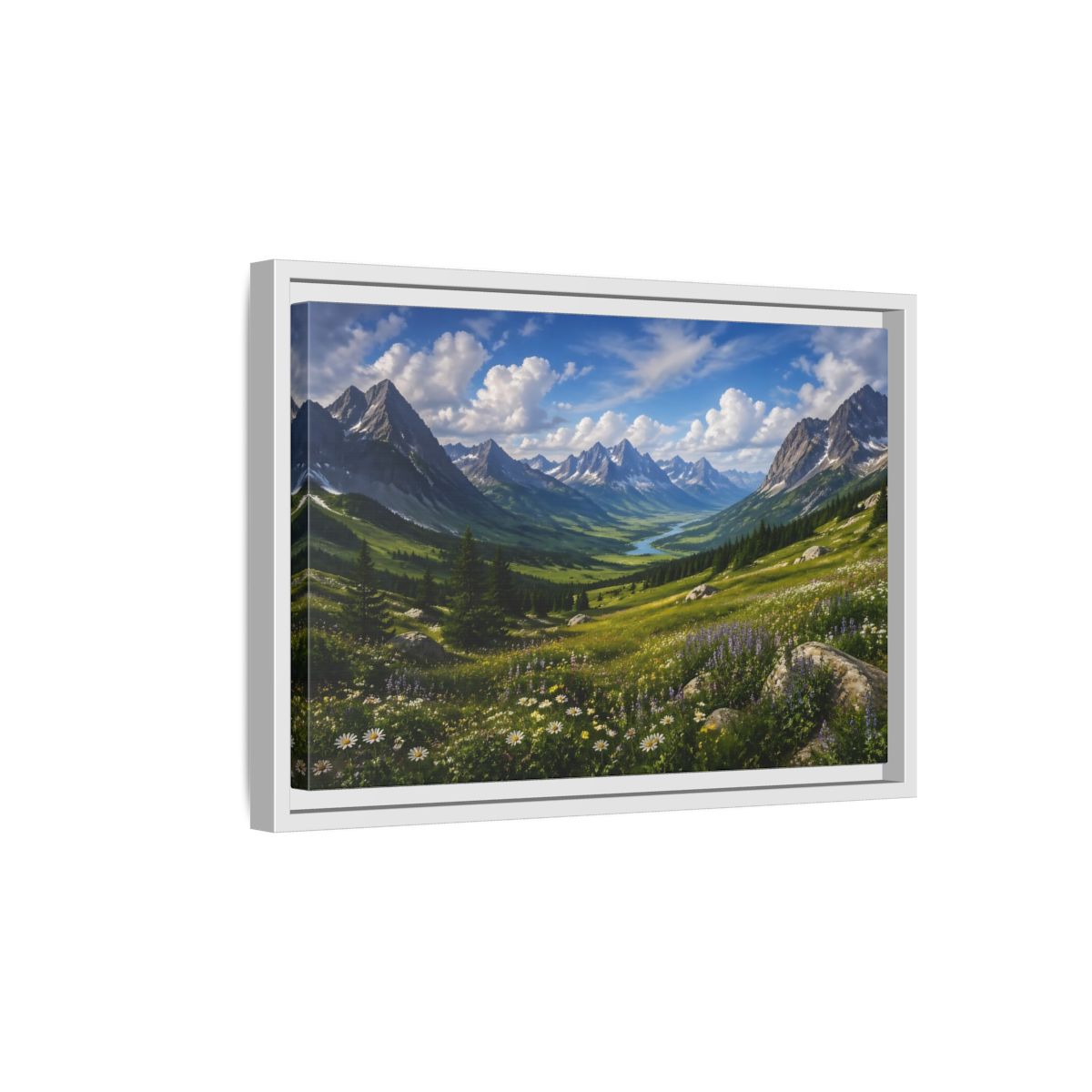 Side Mockup 4. Nature Mountain Valley Green Mountain Valley shown as stretched canvas wall art