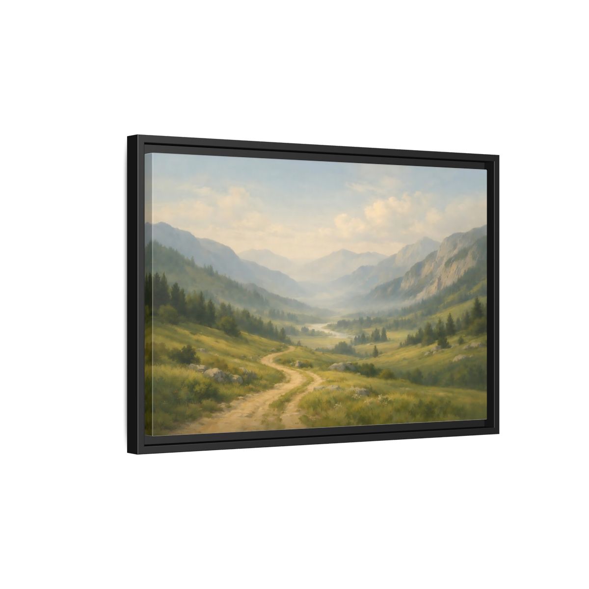 Side Mockup 3. Nature Mountain Valley Green Valley Landscape shown as stretched canvas wall art