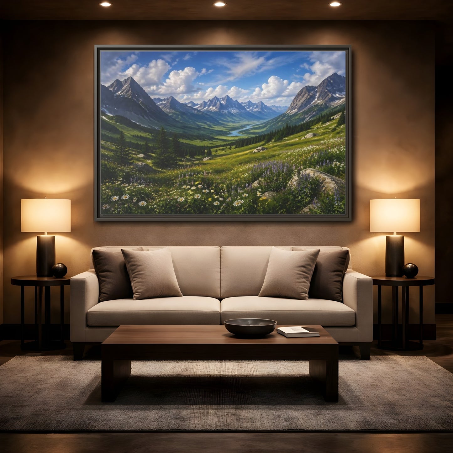Mockup 2. Nature Mountain Valley Green Mountain Valley shown as stretched canvas wall art